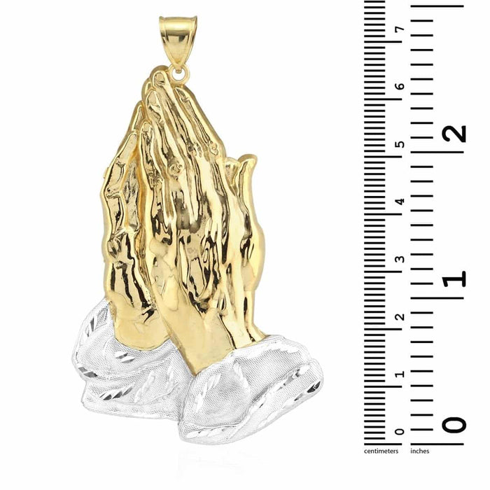 10k Two-Tone Gold Textured Diamond-Cut Praying Hands Pendant 1.18"-4"
