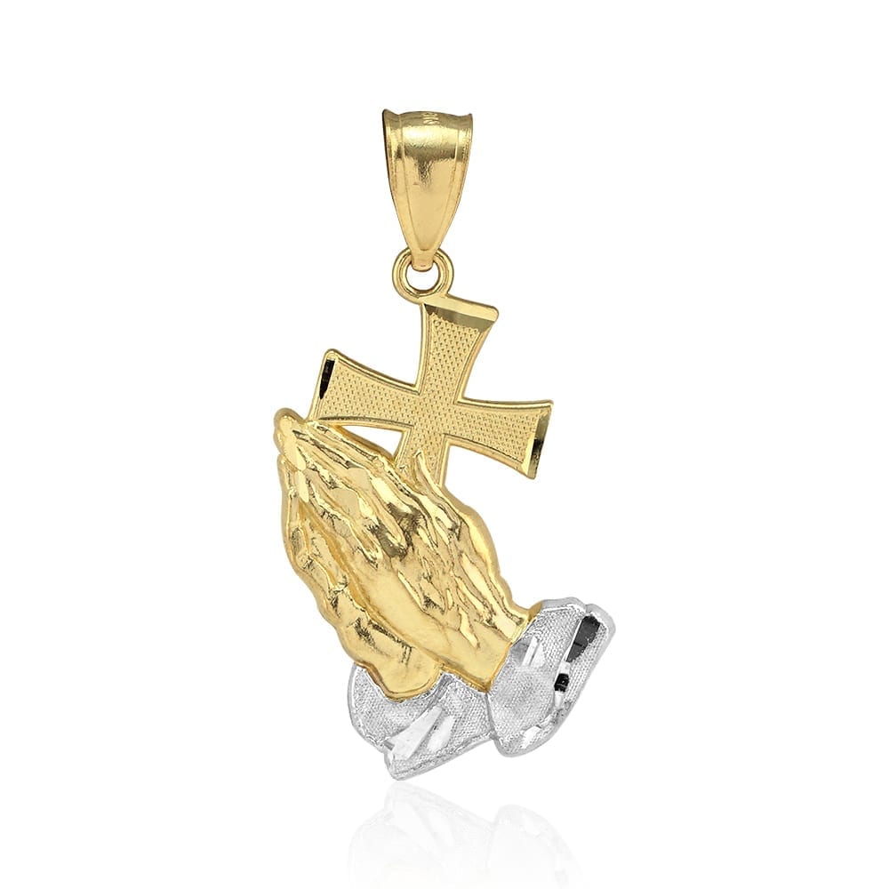 10K Real Gold Diamond-Cut Cross Praying Hands Religious Charm Pendant
