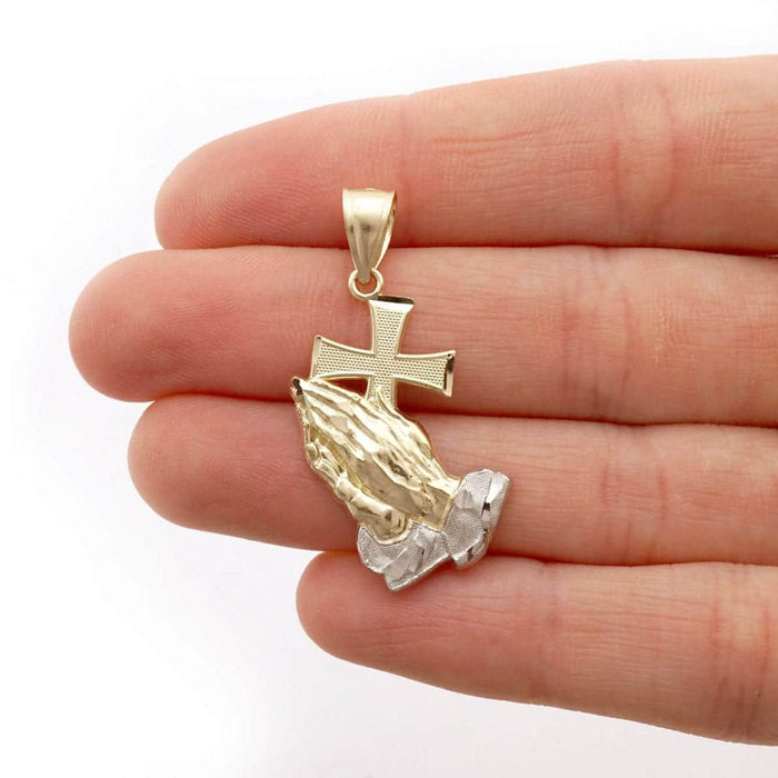 10K Gold Diamond-Cut Cross Praying Hands Religious Pendant