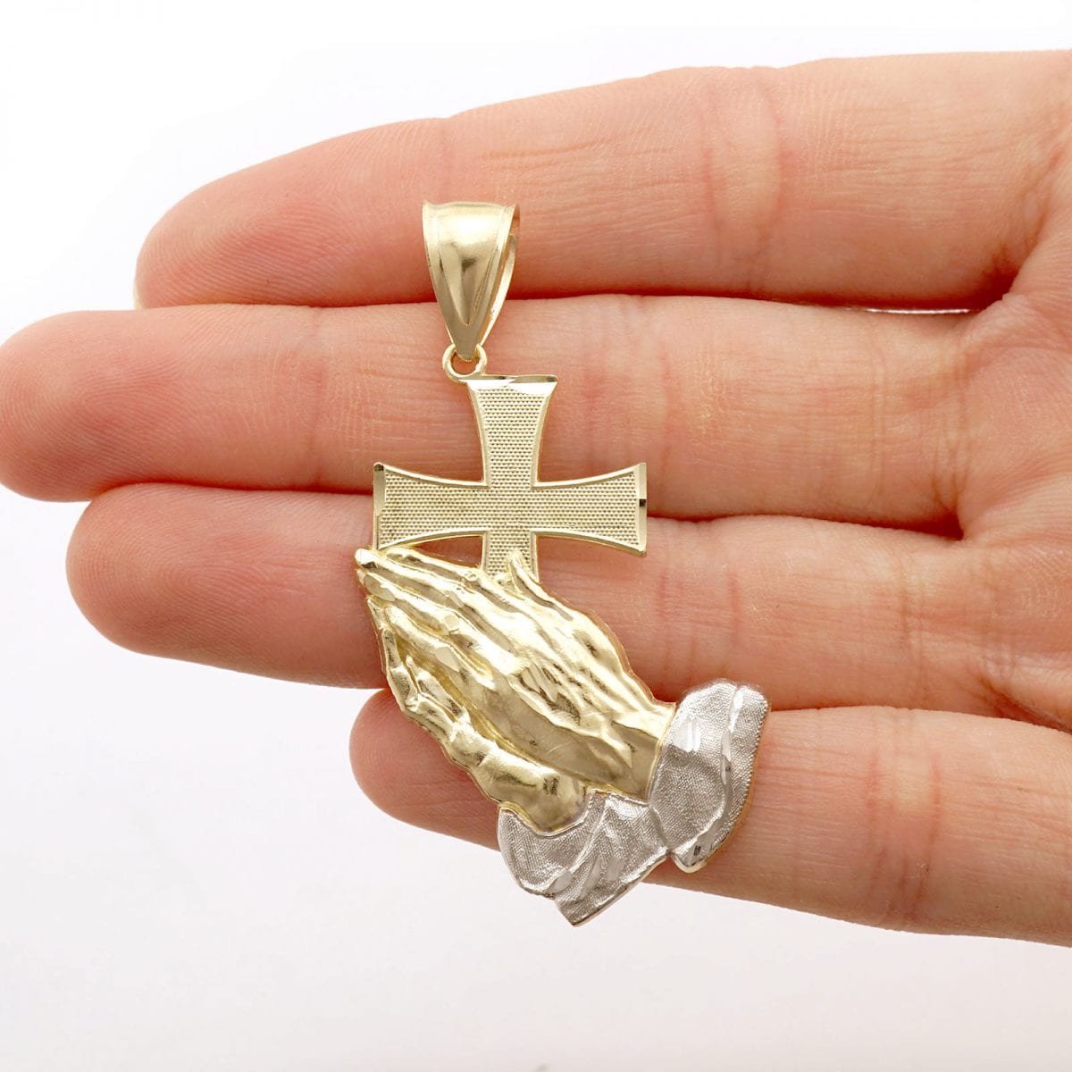 10K Real Gold Diamond-Cut Cross Praying Hands Religious Charm Pendant
