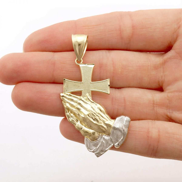 10K Gold Diamond-Cut Cross Praying Hands Religious Pendant