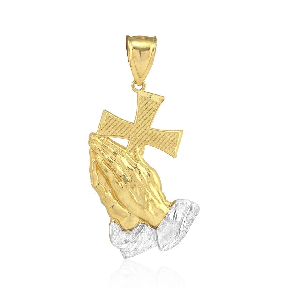 10K Real Gold Diamond-Cut Cross Praying Hands Religious Charm Pendant