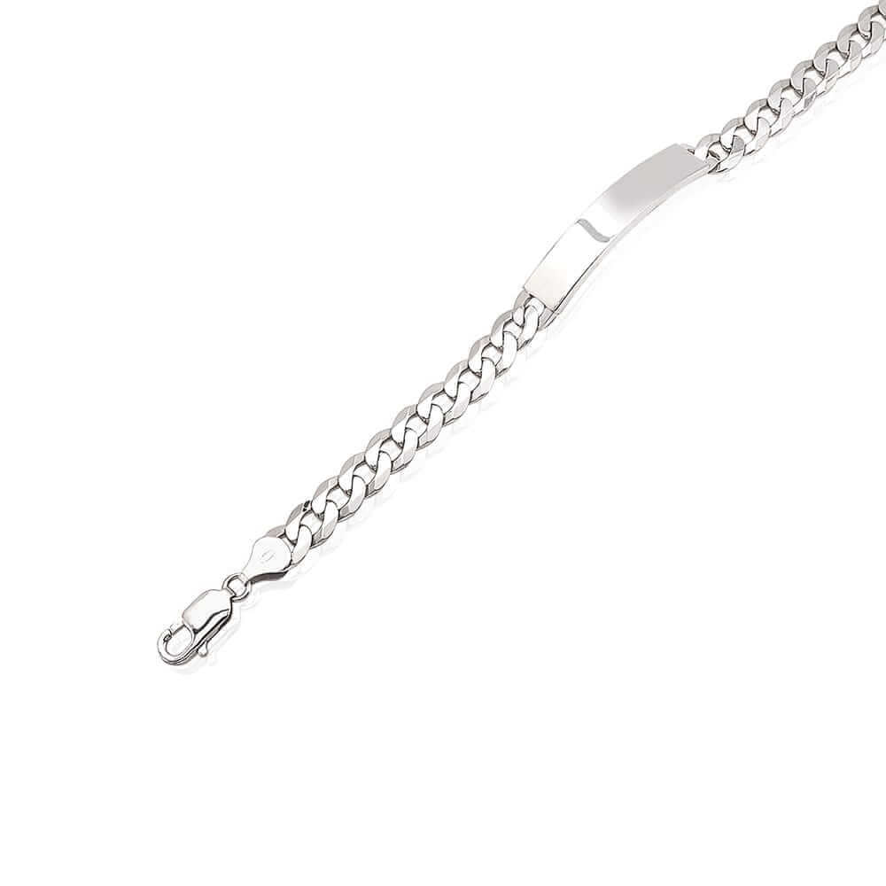 Solid 925 Sterling Silver Men's Personalised Flat Open Curb ID Bracelet - 8.5 Inches, Pave Detail, Lobster Clasp