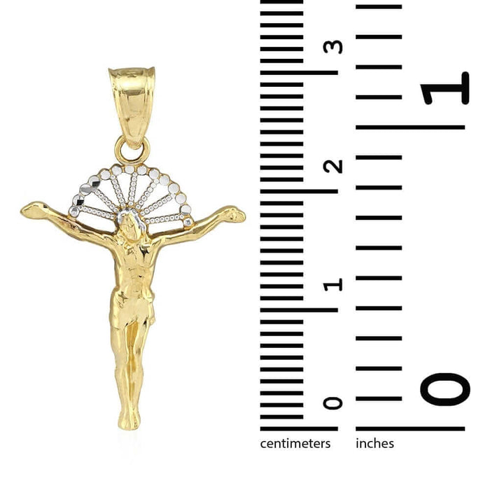 10K Gold Yellow White Diamond-Cut Jesus With Halo Crucifix Pendant 1.18"-1.77"