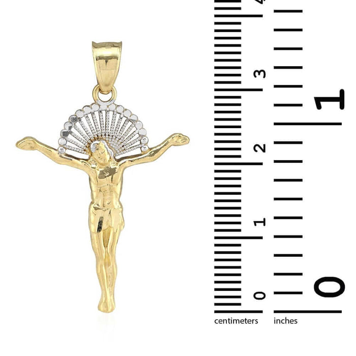 10K Gold Yellow White Diamond-Cut Jesus With Halo Crucifix Pendant 1.18"-1.77"