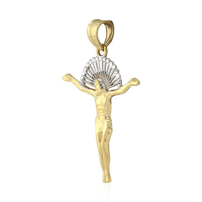 10K Gold Yellow White Diamond-Cut Jesus With Halo Crucifix Pendant 1.18"-1.77"