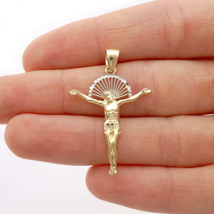 10K Gold Yellow White Diamond-Cut Jesus With Halo Crucifix Pendant 1.18"-1.77"
