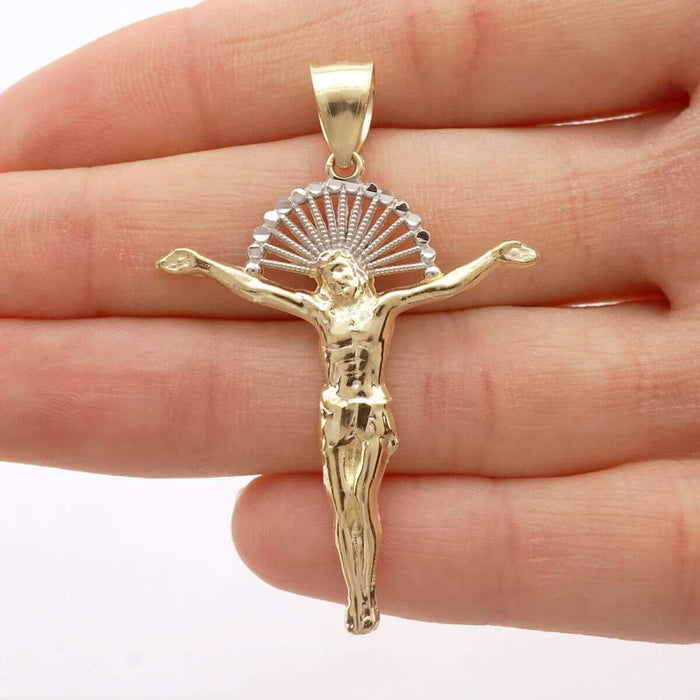 10K Gold Yellow White Diamond-Cut Jesus With Halo Crucifix Pendant 1.18"-1.77"