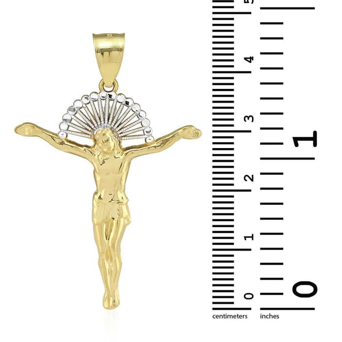 10K Gold Yellow White Diamond-Cut Jesus With Halo Crucifix Pendant 1.18"-1.77"