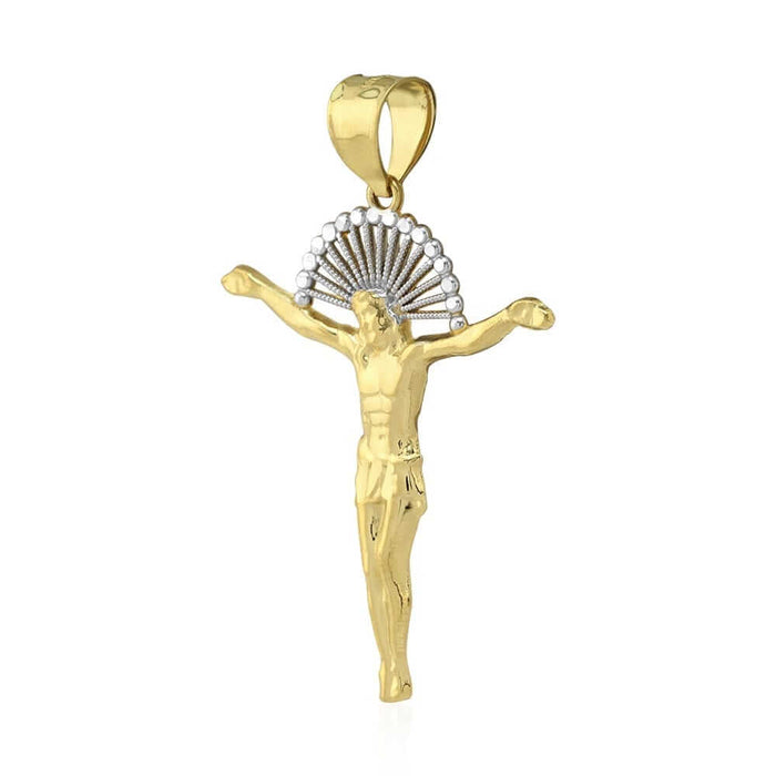10K Gold Yellow White Diamond-Cut Jesus With Halo Crucifix Pendant 1.18"-1.77"