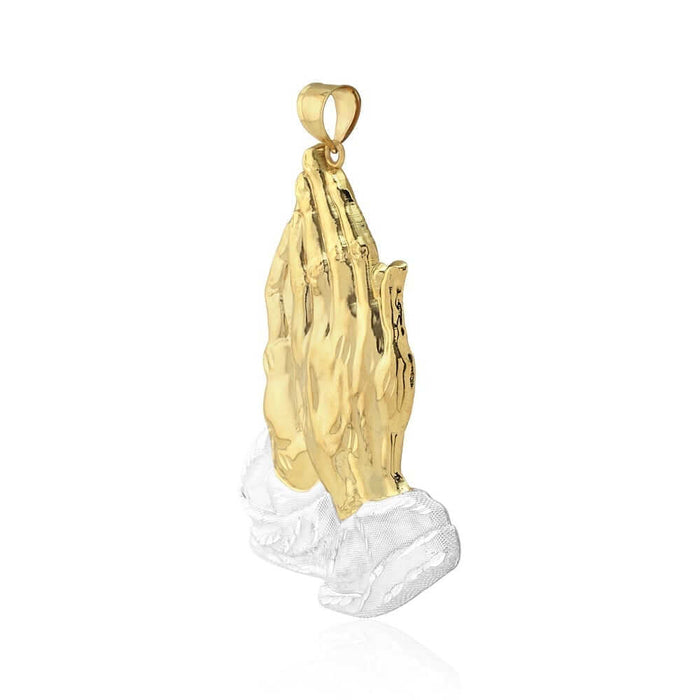 10k Two-Tone Gold Textured Diamond-Cut Praying Hands Pendant 1.18"-4"