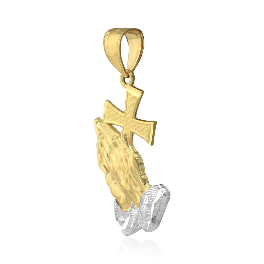 10K Real Gold Diamond-Cut Cross Praying Hands Religious Charm Pendant