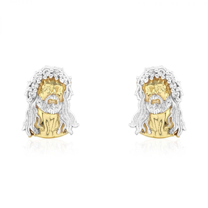 10k Yellow & White Gold CZ Jesus Head Push Back Stud Earrings