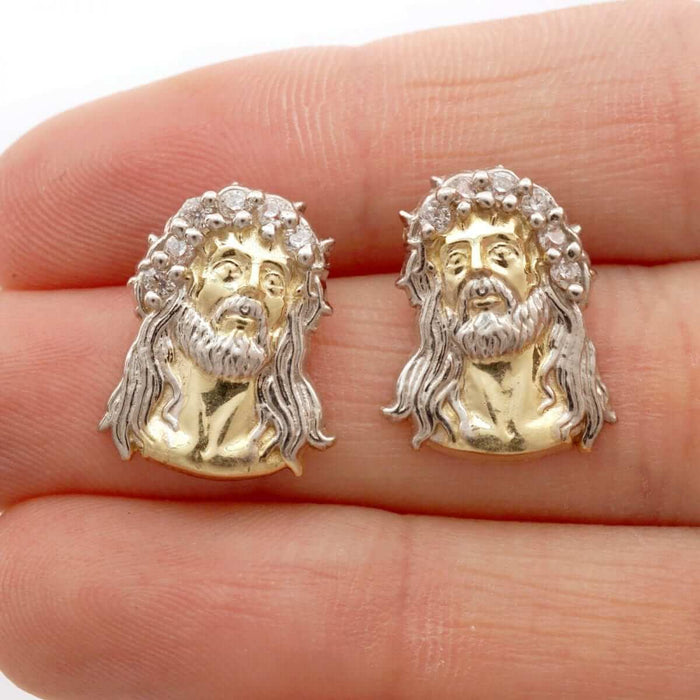10k Yellow & White Gold CZ Jesus Head Push Back Stud Earrings