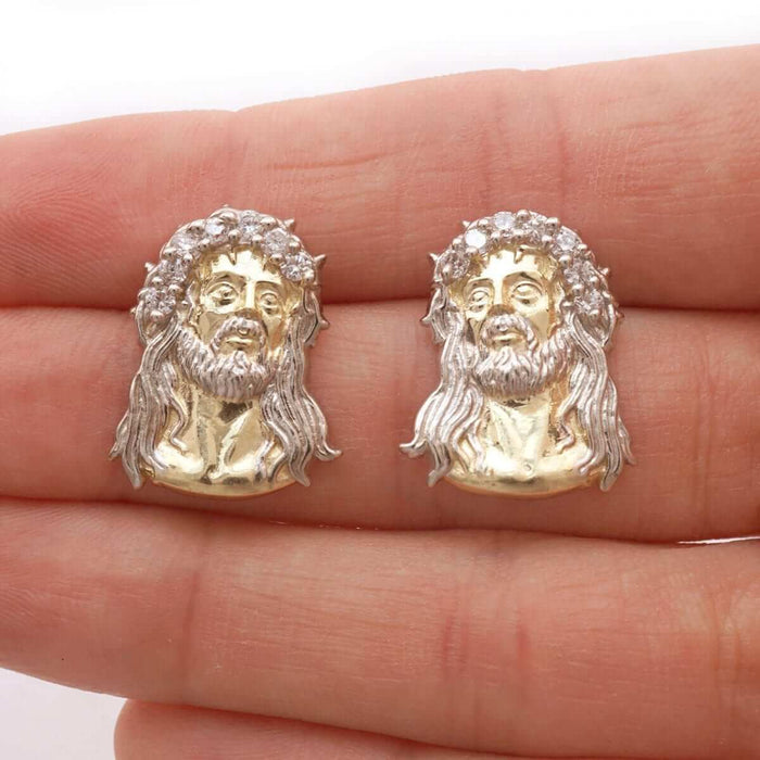 10k Yellow & White Gold CZ Jesus Head Push Back Stud Earrings