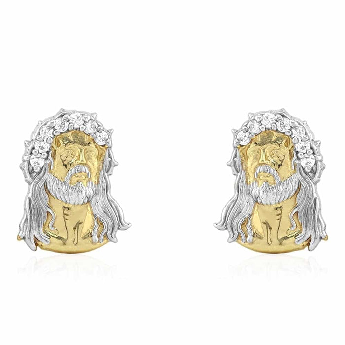 10k Yellow & White Gold CZ Jesus Head Push Back Stud Earrings