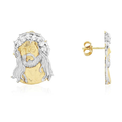 10k Yellow & White Gold CZ Jesus Head Push Back Stud Earrings