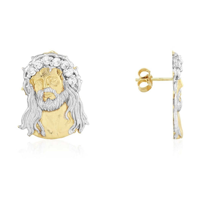 10k Yellow & White Gold CZ Jesus Head Push Back Stud Earrings