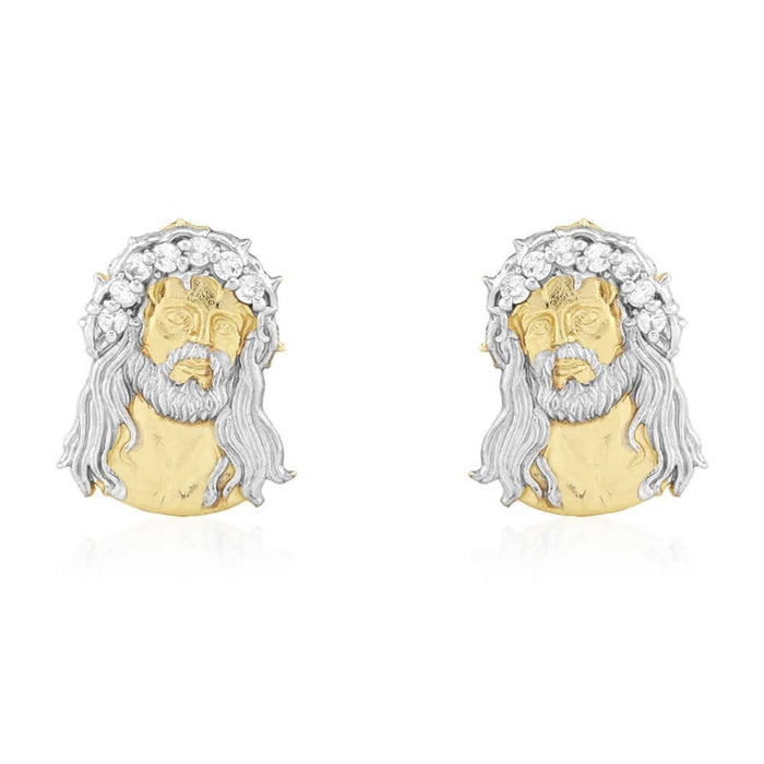 10k Yellow & White Gold CZ Jesus Head Push Back Stud Earrings