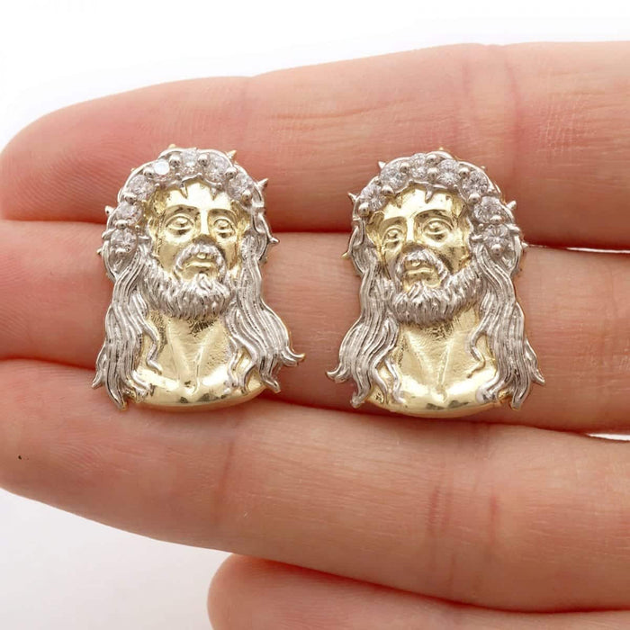 10k Yellow & White Gold CZ Jesus Head Push Back Stud Earrings
