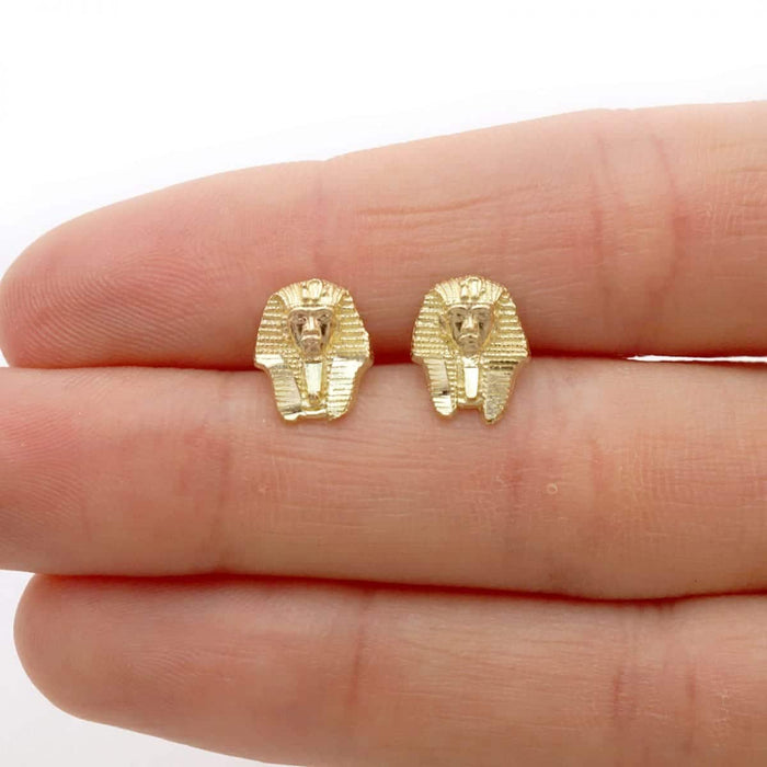 10k Yellow Gold King Tut Pharaoh Head Face Diamond-Cut Stud Push Back Earrings