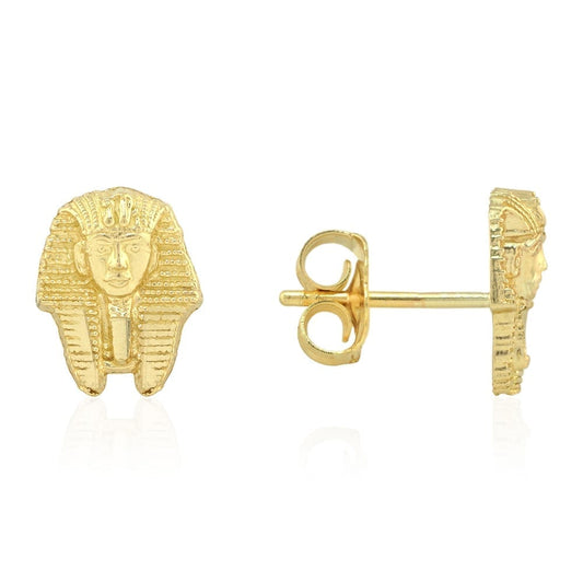 10k Yellow Gold King Tut Pharaoh Head Face Diamond Cut Stud Pushback Earrings