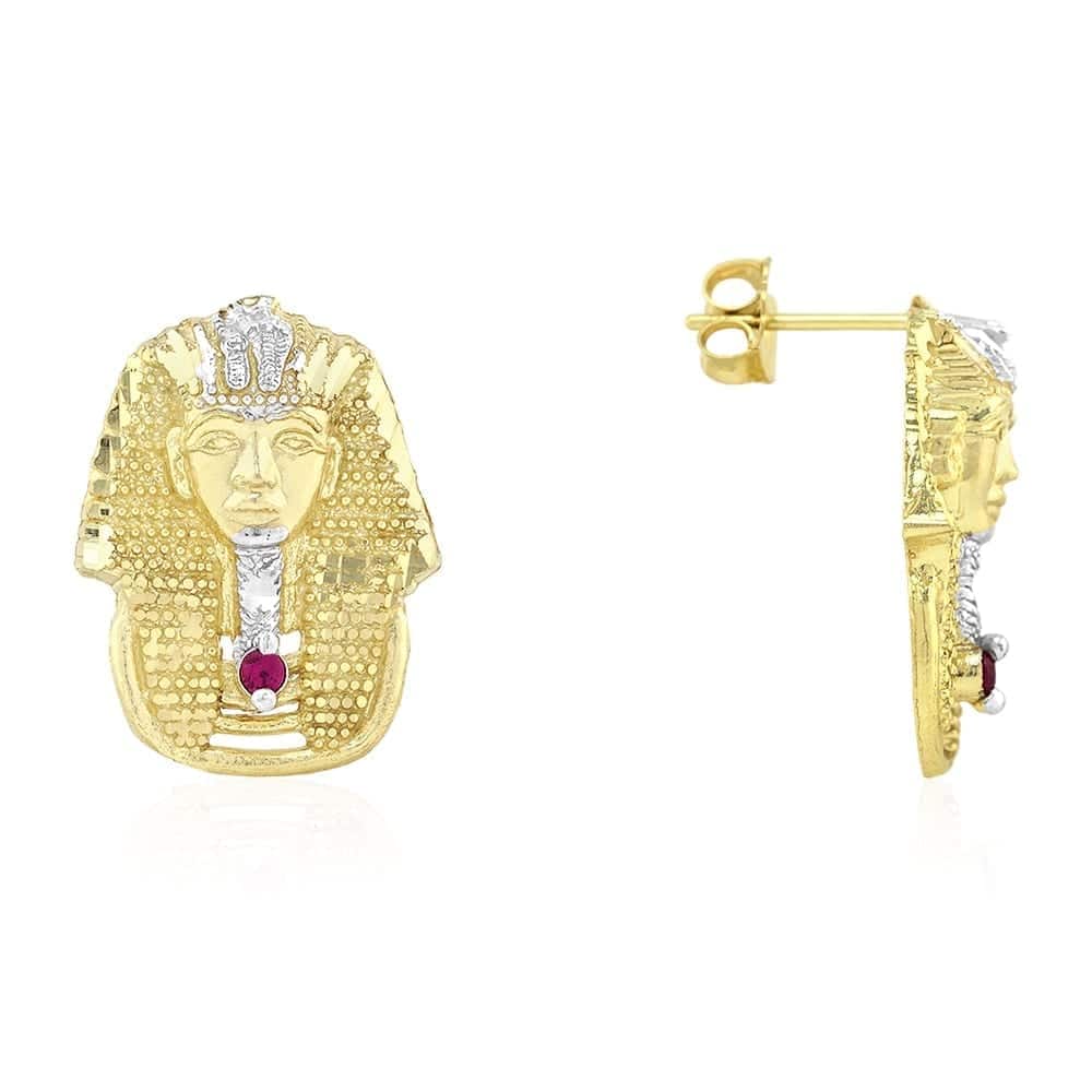 King Tut Pharaoh Head Diamond Cut Ruby Stud Earrings 10K Solid Yellow Gold