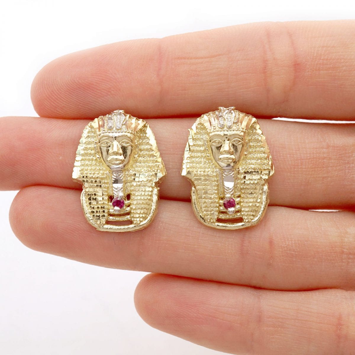 King Tut Pharaoh Head Diamond Cut Ruby Stud Earrings 10K Solid Yellow Gold