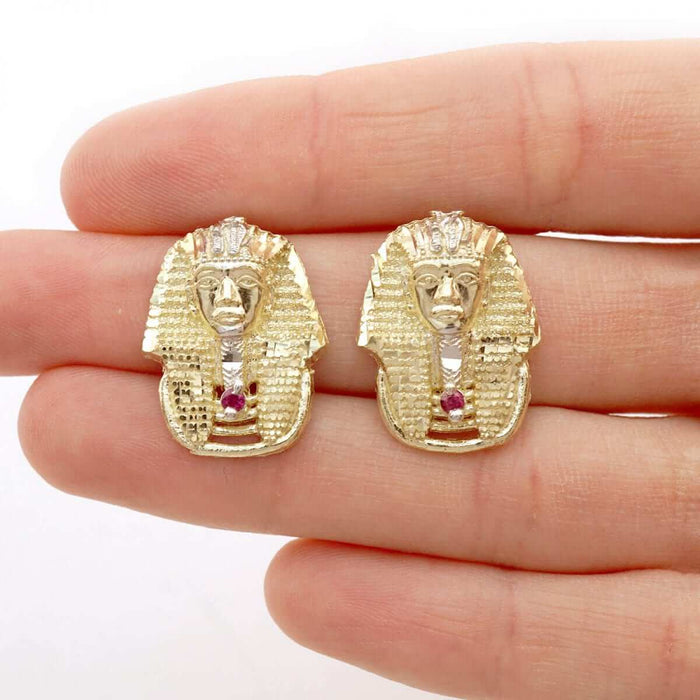King Tut Pharaoh Head Diamond-Cut Ruby Stud Earrings 10K Solid Yellow Gold