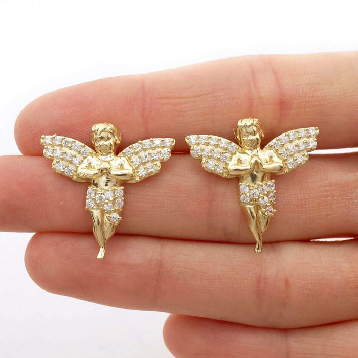 CZ Angel Stud Push Back Earrings Religious 1.80Ct 10k Yellow Gold