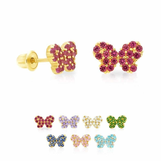 14k Yellow Gold Simulated Birthstone Butterfly Screw Back Stud Earrings