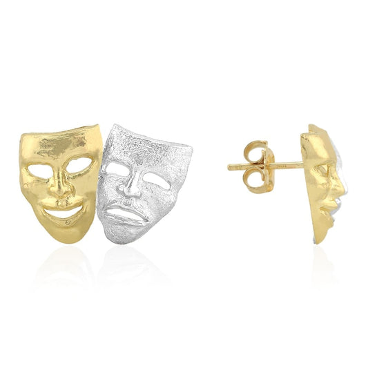Comedy & Tragedy Masks Sock & Buskin Pushback Stud Earrings 10k Yellow Gold