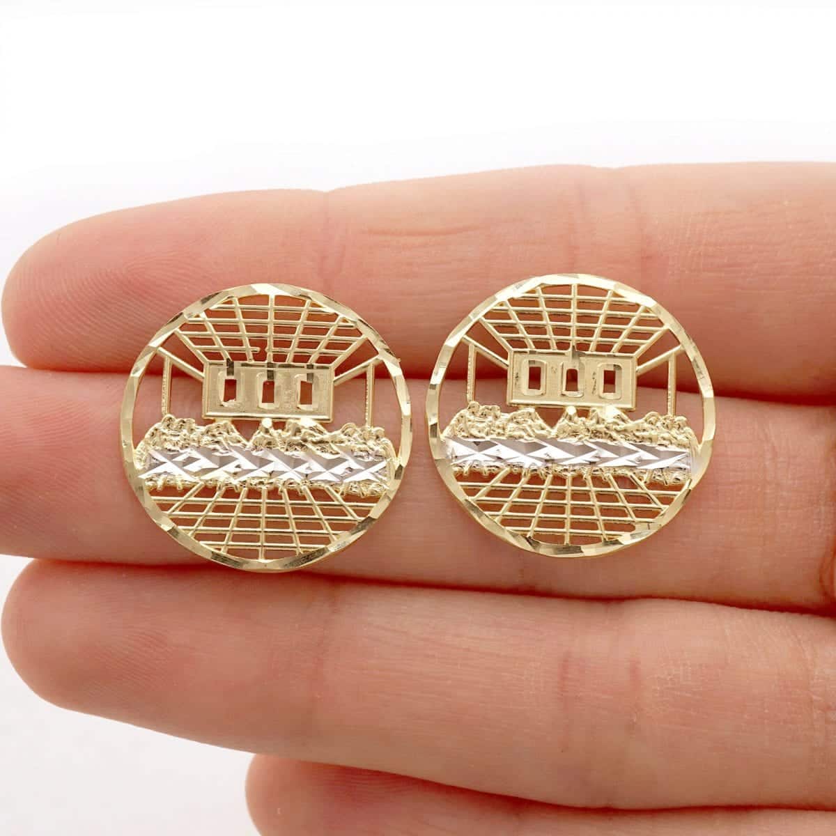 Round Diamond Cut The Last Supper Pushback Stud Earrings 10k Yellow White Gold