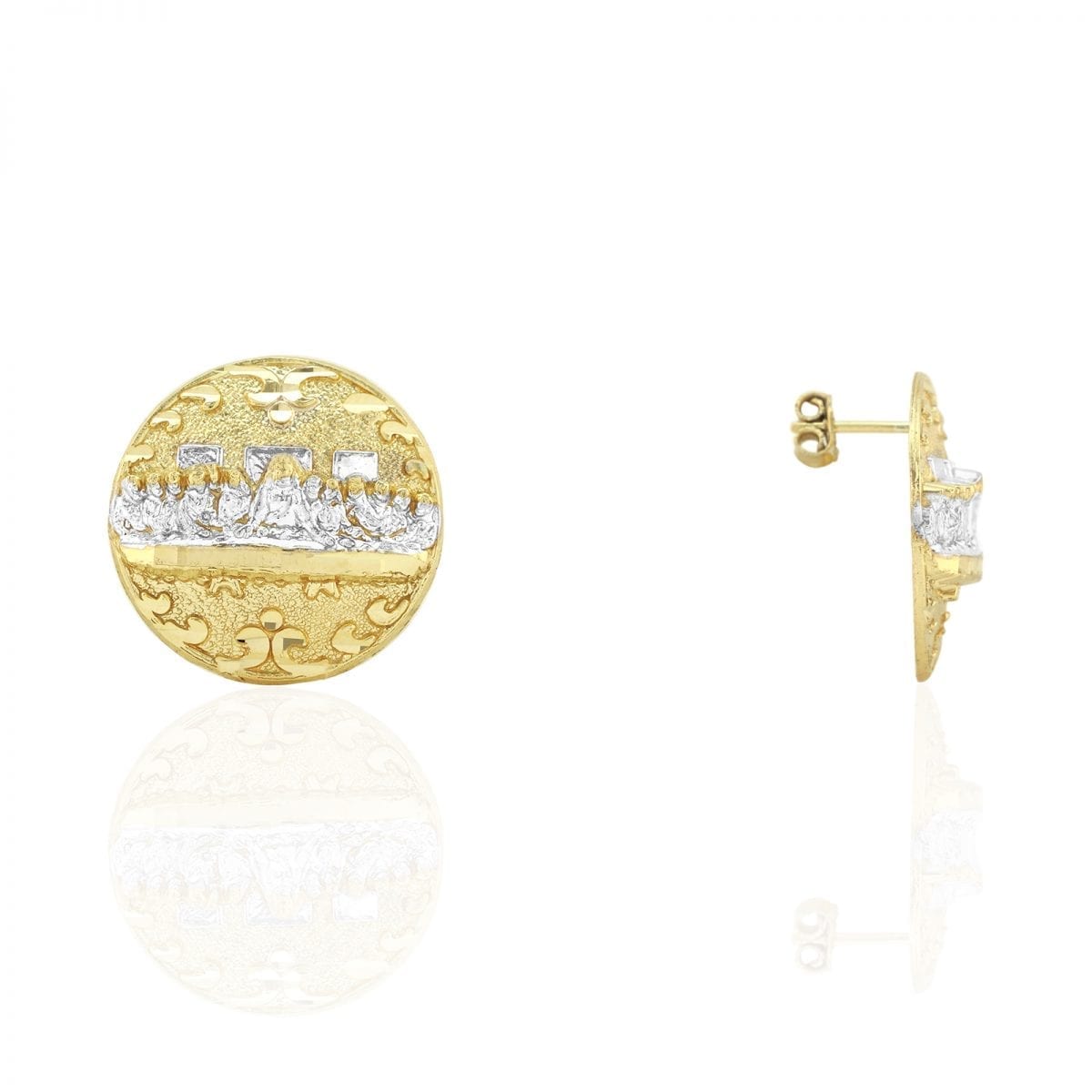 The Last Supper Pushback Stud Earrings Round Diamond Cut 10k Yellow White Gold