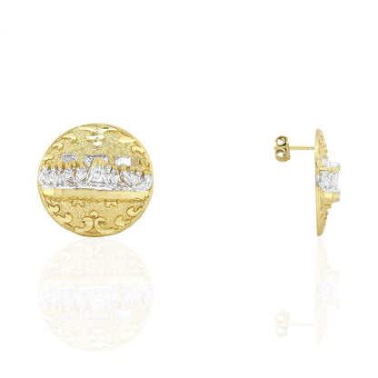 The Last Supper Pushback Stud Earrings Round Diamond Cut 10k Yellow White Gold
