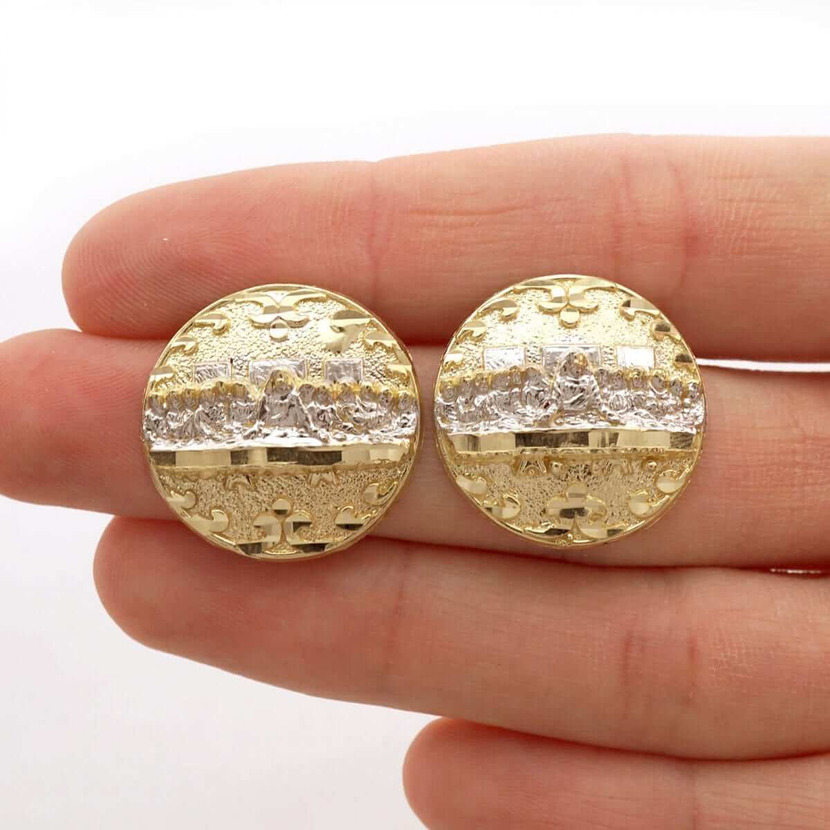 The Last Supper Push Back Stud Earrings Round Diamond-Cut 10k Yellow White Gold