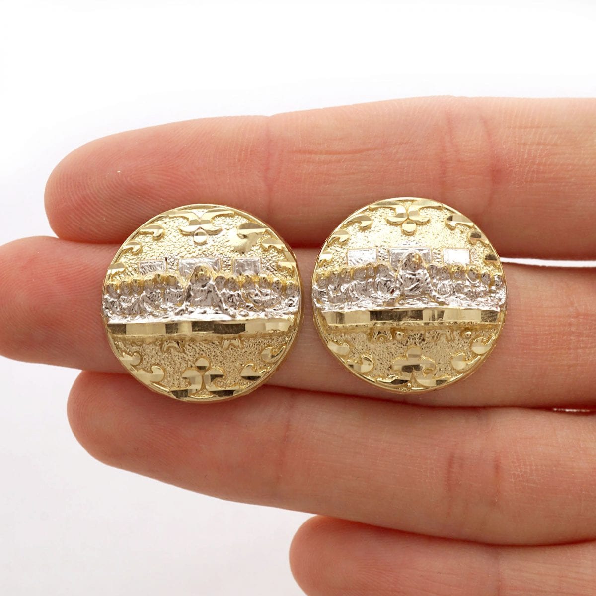 The Last Supper Pushback Stud Earrings Round Diamond Cut 10k Yellow White Gold