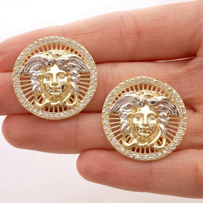 2.70Ct CZ Halo Medusa Head Round Stud Earrings 10k Yellow Gold
