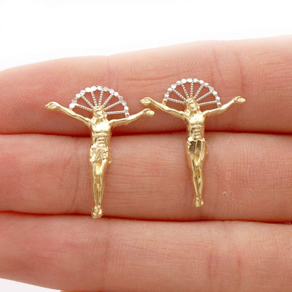 10K Real Gold Jesus Crucifix Halo Diamond-Cut Pushback Stud Earrings