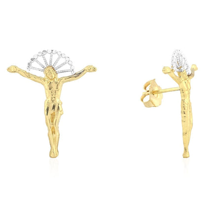 10K Real Gold Jesus Crucifix Halo Diamond-Cut Pushback Stud Earrings