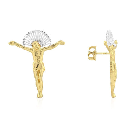 10K Real Gold Jesus Crucifix Halo Diamond-Cut Pushback Stud Earrings
