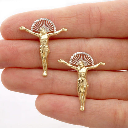 10K Real Gold Jesus Crucifix Halo Diamond-Cut Pushback Stud Earrings