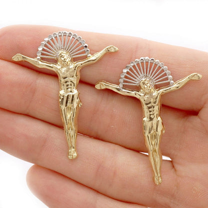 10K Real Gold Jesus Crucifix Halo Diamond-Cut Pushback Stud Earrings