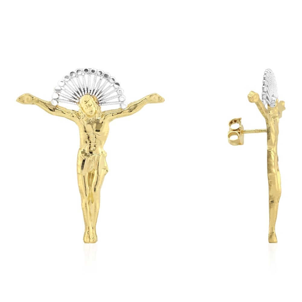 10K Gold Jesus Crucifix Halo Diamond-Cut Push Back Stud Earrings