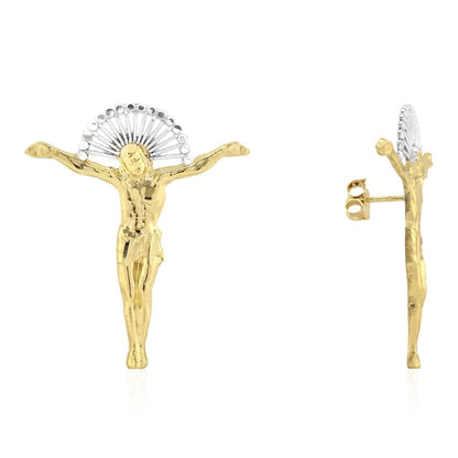 10K Real Gold Jesus Crucifix Halo Diamond-Cut Pushback Stud Earrings