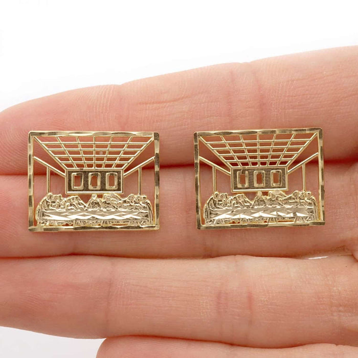 10k Yellow & White Gold Round Diamond-Cut The Last Supper Push Back Stud earrings