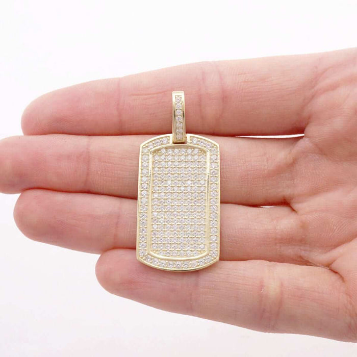 1.50Ct CZ Micro Pave Set 10k Yellow Gold Dog Tag Pendant 1.57"
