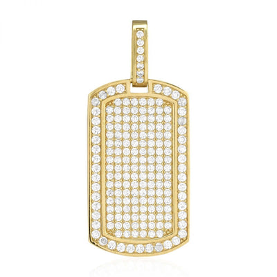 1.50Ct CZ Micro Pave Set 10k Yellow Gold Dog Tag Pendant 1.57"