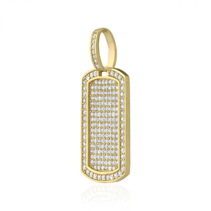 1.50Ct CZ Micro Pave Set 10k Yellow Gold Dog Tag Pendant 1.57"