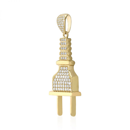 10k Yellow Gold 2.20Ct Created Diamond Pave Set Outlet Plug Pendant 1.97"